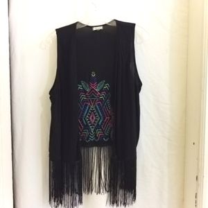Vest With Stitched Design, Fringe. Color:Black Size:XL